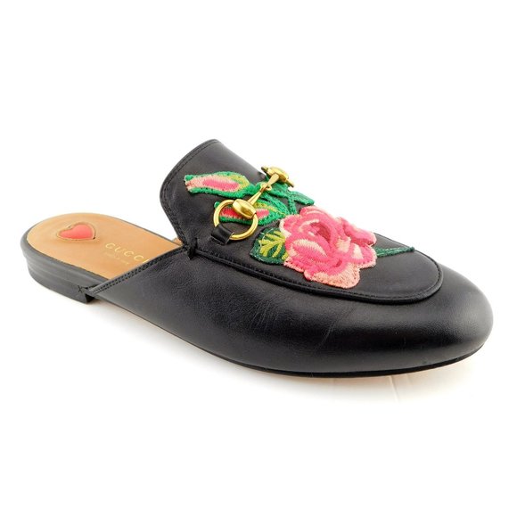 GUCCI Horse Bit Floral Black Loafer Mule Flats 37 - Picture 1 of 9